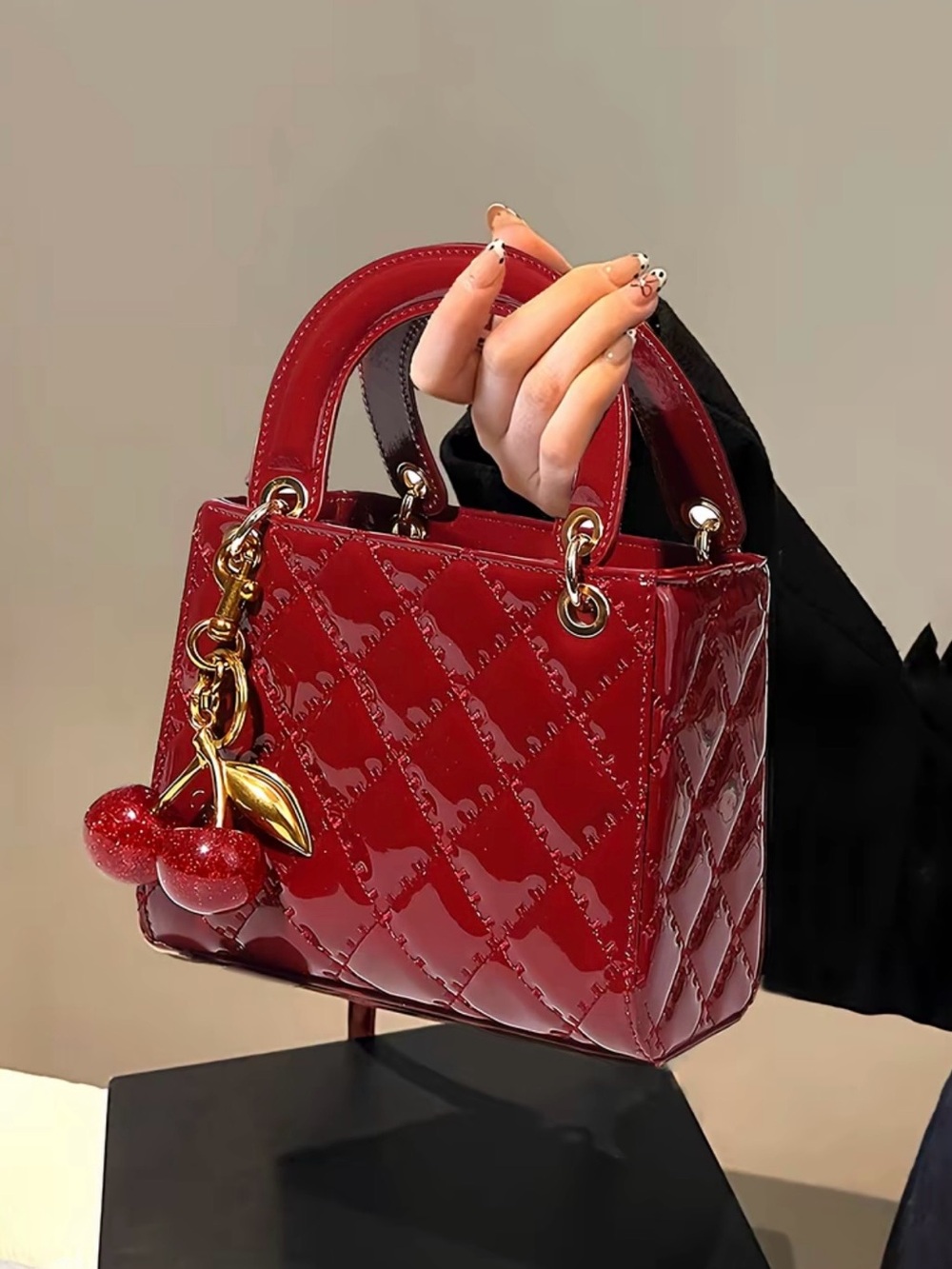 Glossy Red Patent Quilted Mini Tote with Cherry Charm